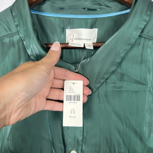 Anthropologie Silky Iridescent Button Up Green Long Sleeve Shirt Plus 3X - Picture 7 of 14